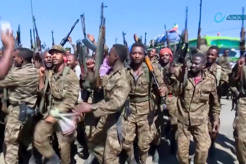 You view a swarm of soldiers dancing with AK-47 machine guns pointed upward to a blue sky.