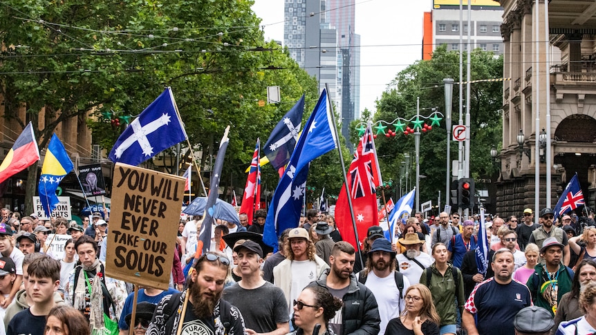 Anti-vaccine protesters rally on January 08, 2022 in Melbourne, Australia