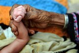 A Pakistani grandmother holds the hand of her three-day-old grandchild
