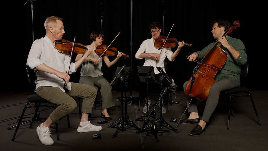 Two violinists, a violist and a cellist perform seated in a semi circle in studio with black walls. 