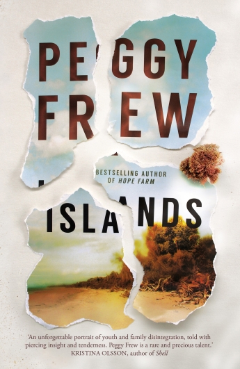 Book cover for Peggy Frew's Islands, a photo of dry beach ripped up