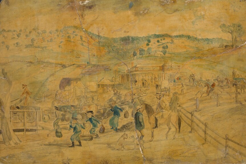 An artwork showing miners and Chinese migrants walking in the goldfields.