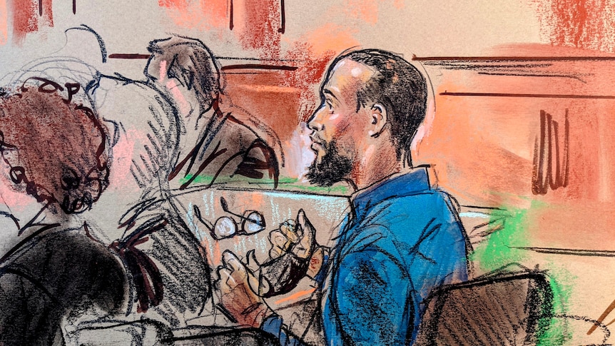 A colour courtroom sketch of a young Middle Eastern man in blue shirt sitting and listening in a chair with glasses on table