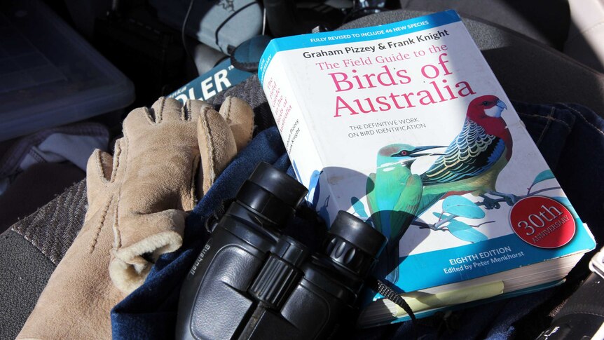 Bird photography book and binoculars