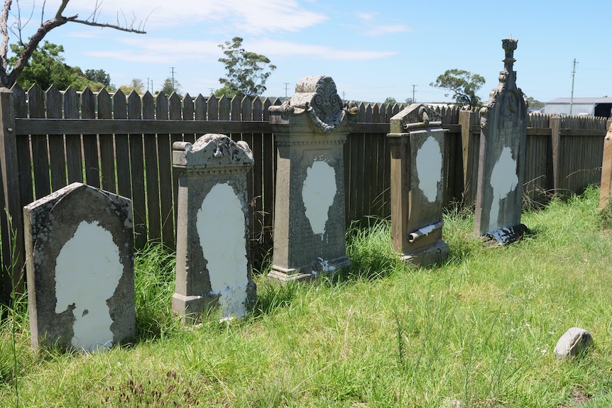 row of large, old headstones in a Jewish cemetery, each with a large smearing of a white cleaning substance on them