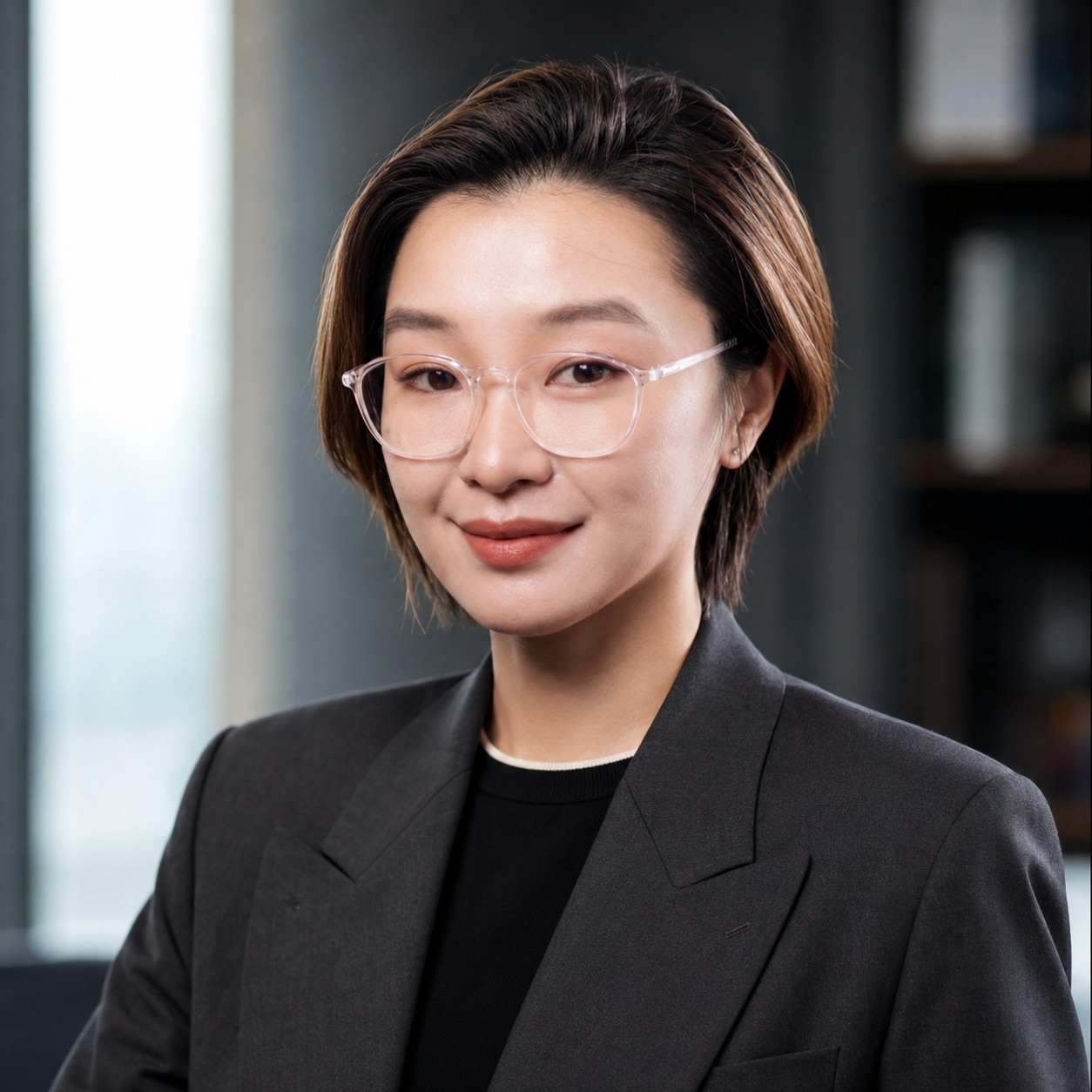 Lady with dark hair wearing glasses