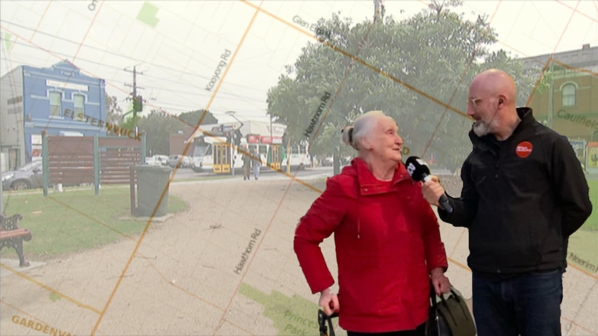 A composite image of Raf Epstein interviewing an older woman overlaid on top of a transparent map of Caulfield on a park.