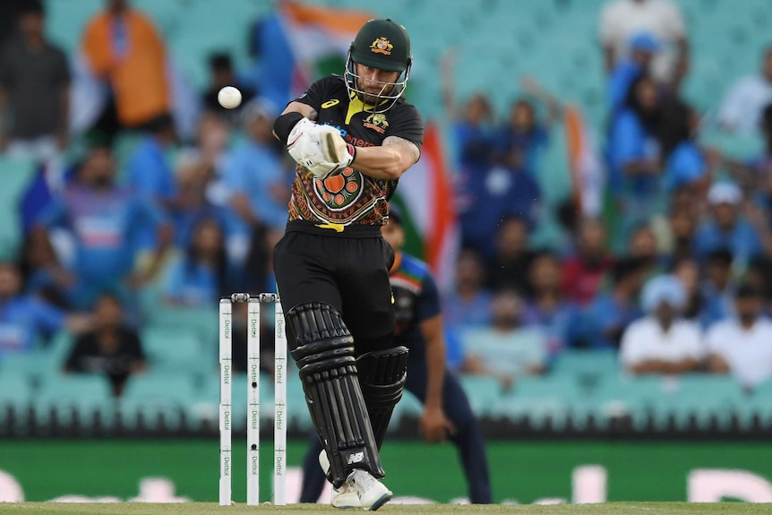 An Australian male player pulls a delivery against India in a T20 international in Sydney.