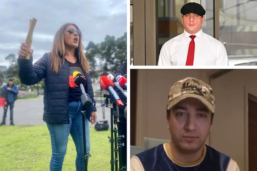 A grid of three images of lidia thorpe speaking outside, and two men one wearing a white shirt and the other a camouflage hat