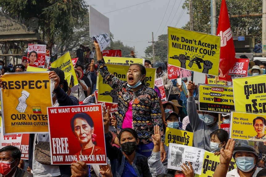 Demonstrators protest against the military junta's arrest of Myanmar politicians