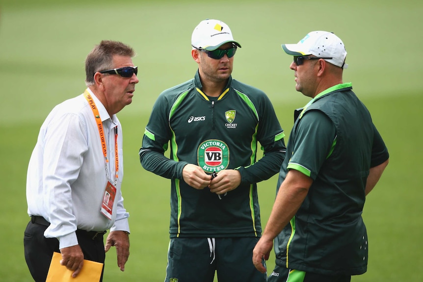 Michael Clarke speaks to Rod Marsh and Darren Lehmann