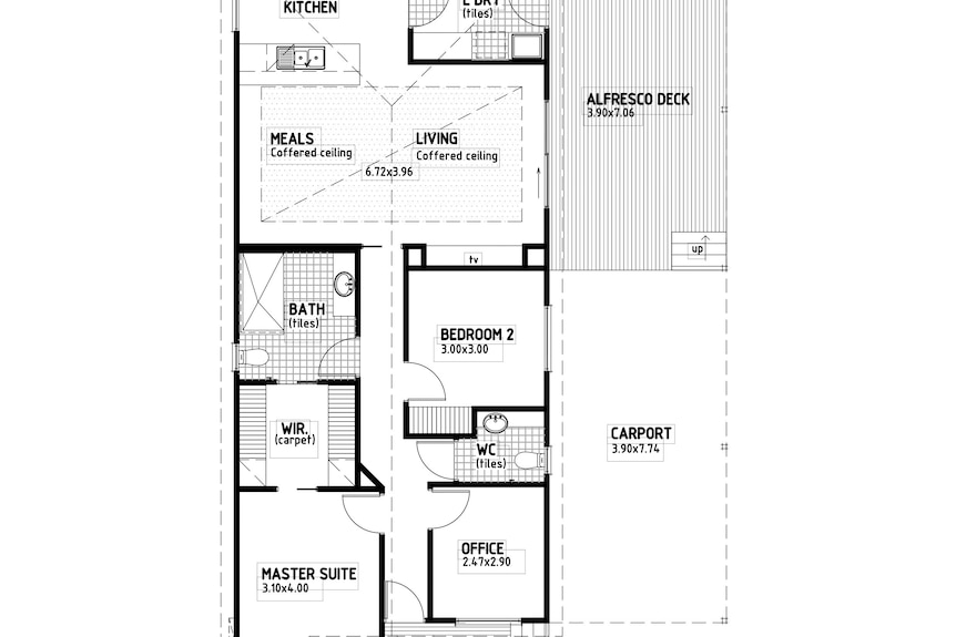 A picture of an architectural floor plan for a house in a retirement village.  