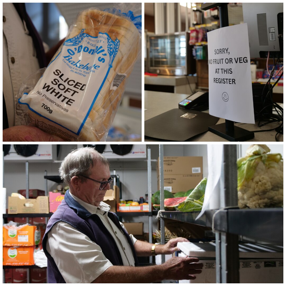 A collage of three photos, a loaf of white bread, a sign at the register saying no fruit or veg, and Robbie Dare in storeroom.