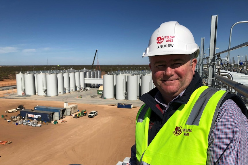 A man in a high vis vest and helmet overlooks a worksite with large storage vats for wine.