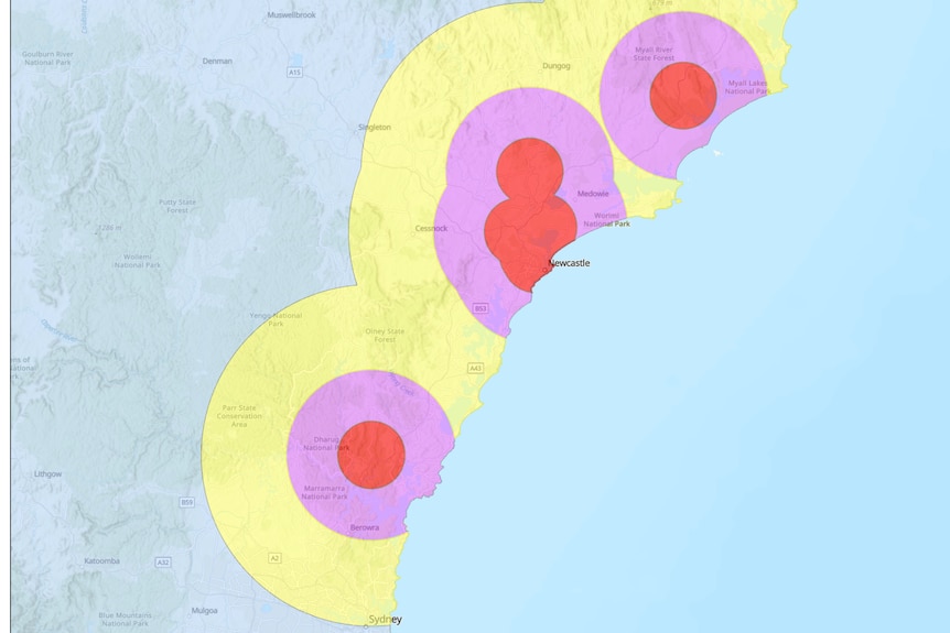 A map of the Australian east coast with various areas highlighted.