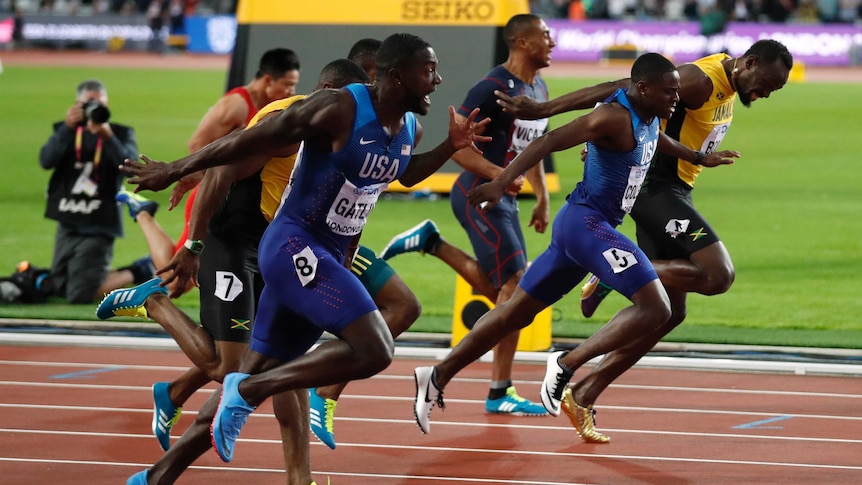 Justin Gatlin of the U.S. wins the final ahead of Christian Coleman of the US and Usain Bolt of Jamaica.