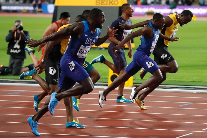 Justin Gatlin of the U.S. wins the final ahead of Christian Coleman of the US and Usain Bolt of Jamaica.