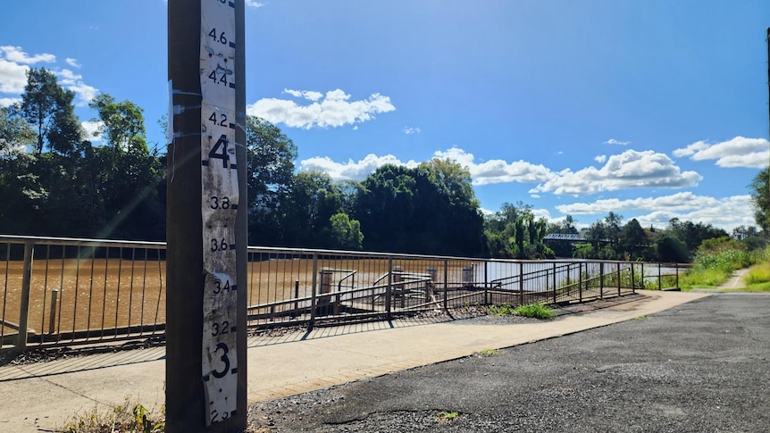 wornout steel post with numbers marking flood readings, next to a brown river