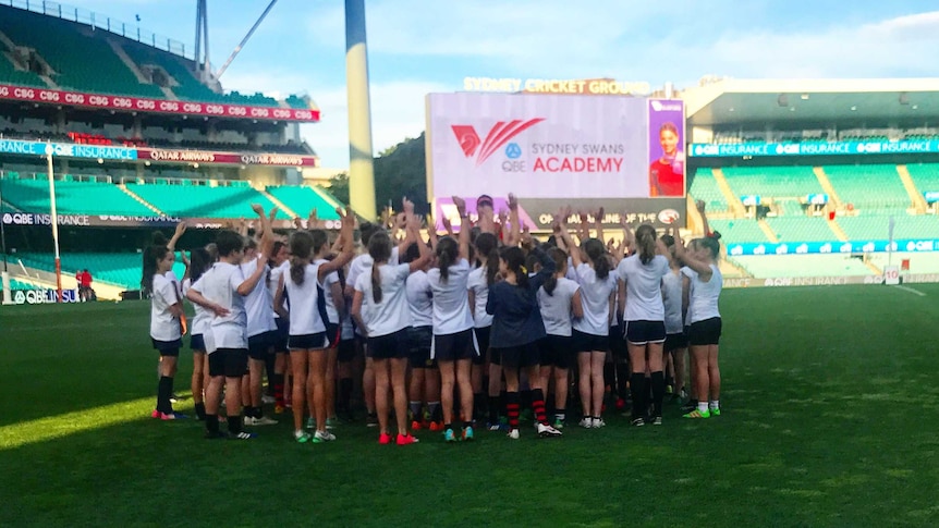 Young girls try out for the new Sydney Swans youth academy at the SCG on September 11, 2017.