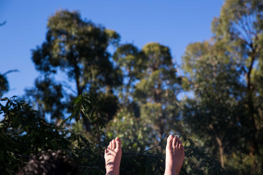 Bare feet catch the sun against a backdrop of green bush and blue sky.