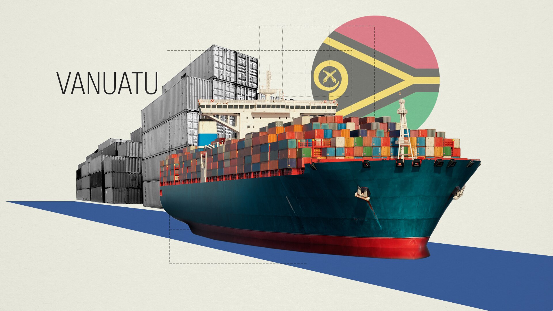 A graphic of a large ship with the Vanuatu flag in the background.