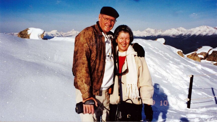 Lenore and Blair Meldrum pose for a photo in a snowy area in Canada in 1997.