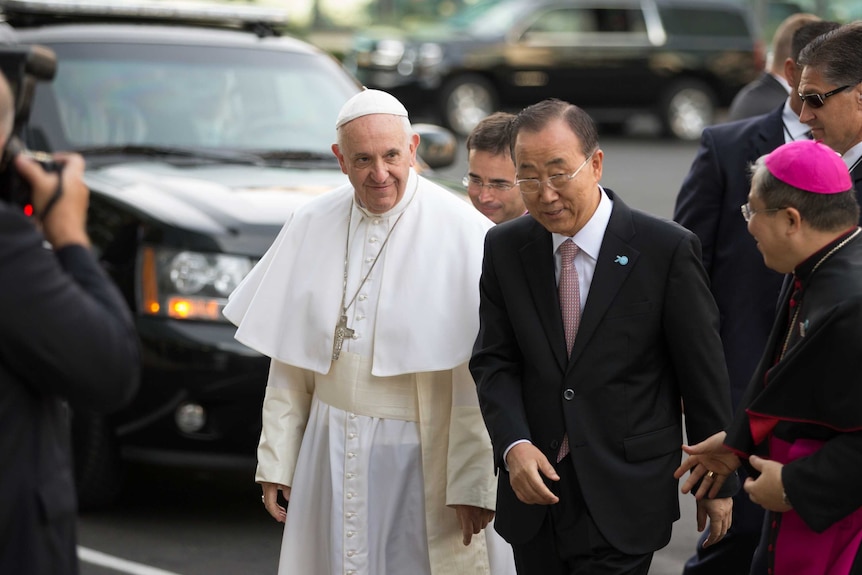 Pope Francis arrives in front of United Nations