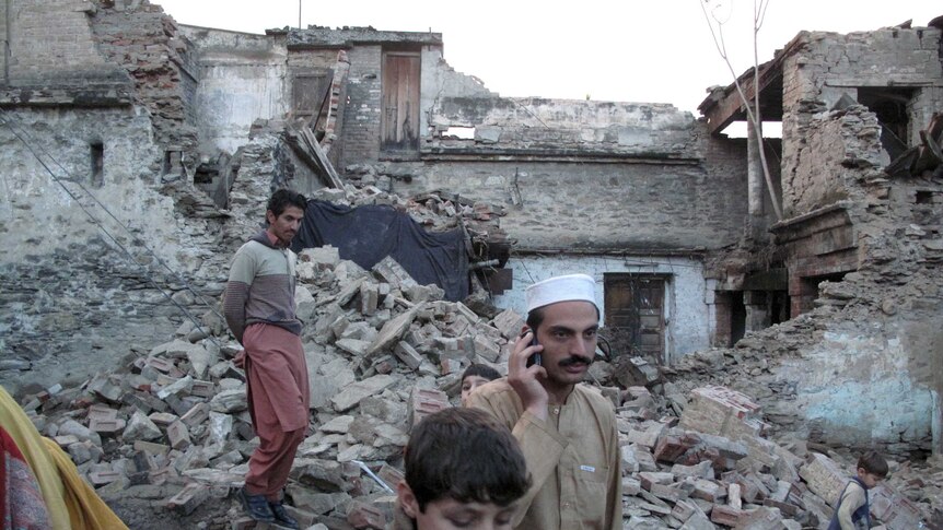 A house after it was damaged by an earthquake in Mingora, Swat, Pakistan