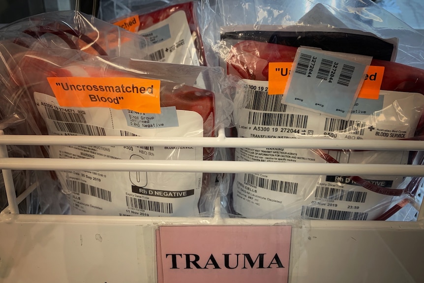 Packets of red blood cells sitting on a shelf at the Royal Melbourne Hospital.