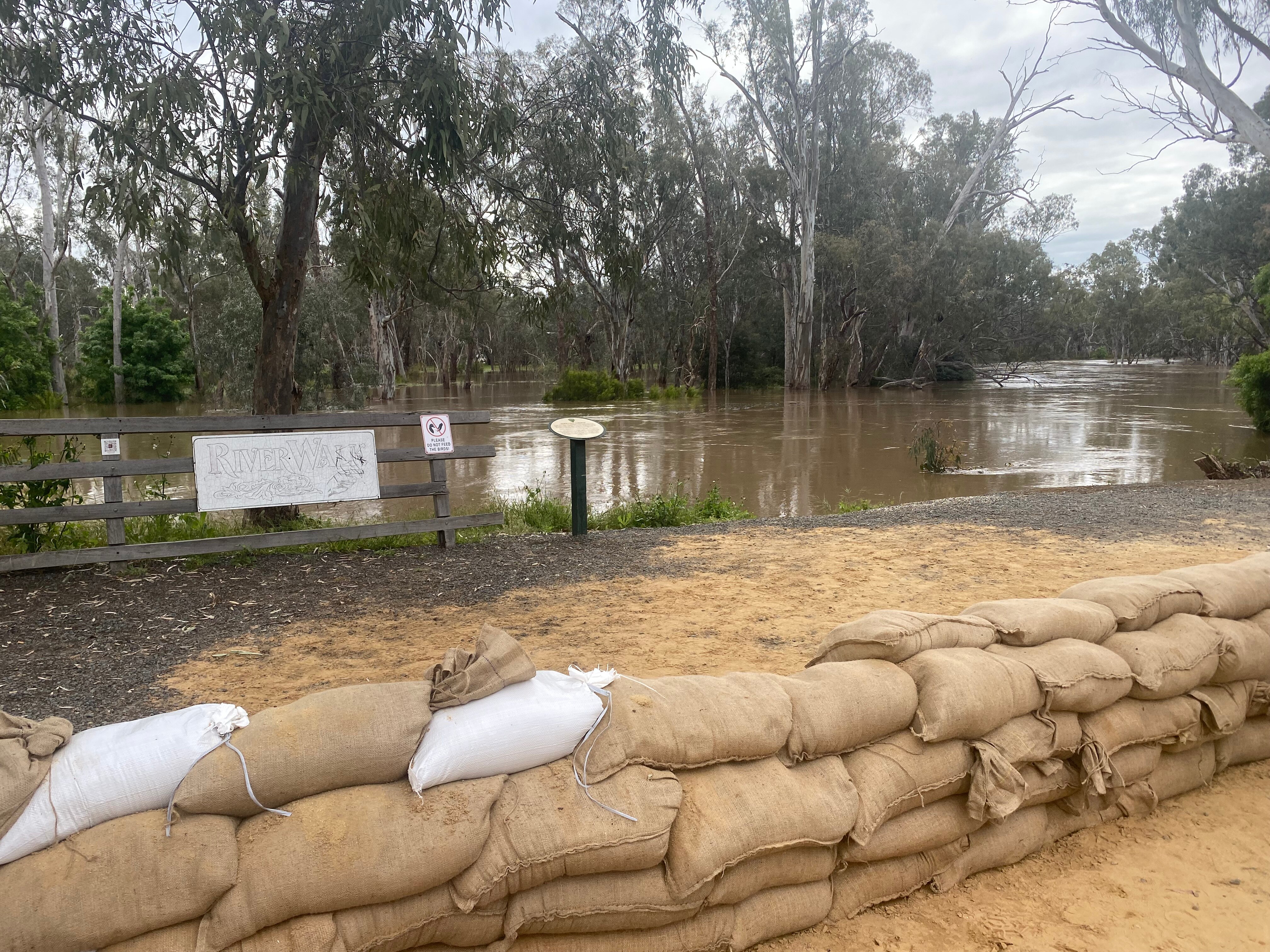 Sandbags line a path next to a muddy river.