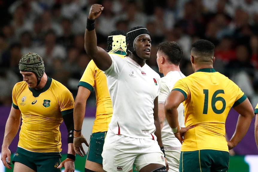 An English rugby union player pumps his right fist during his side's win over Australia at the Rugby World Cup.