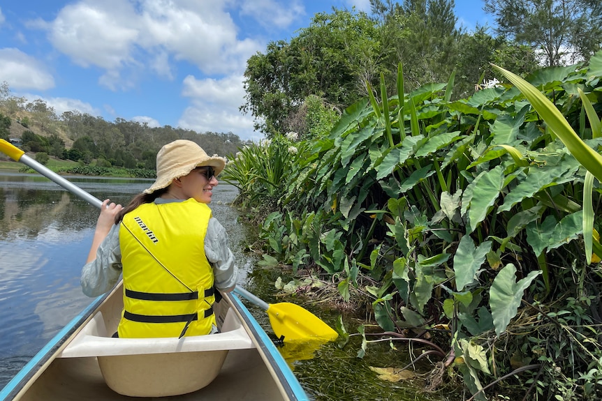 A femal scientist wearing a yellow lifejacket paddles a canoe close to a riverbank overhung with verdant growth.