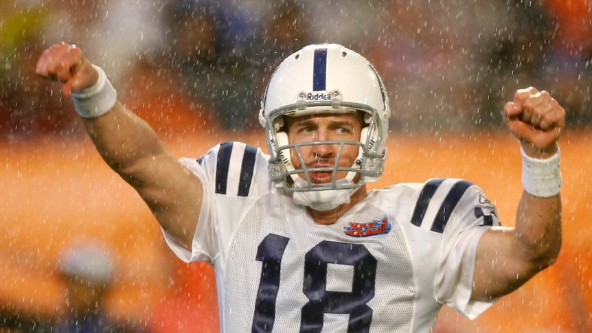 Peyton Manning celebrates a second-quarter touchdown by Indianapolis Colts in Super Bowl 41