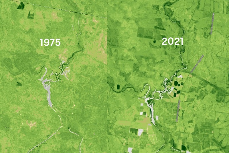 Two comparison satellite images from 1975 and 2021 the landscape near St George, Queensland 