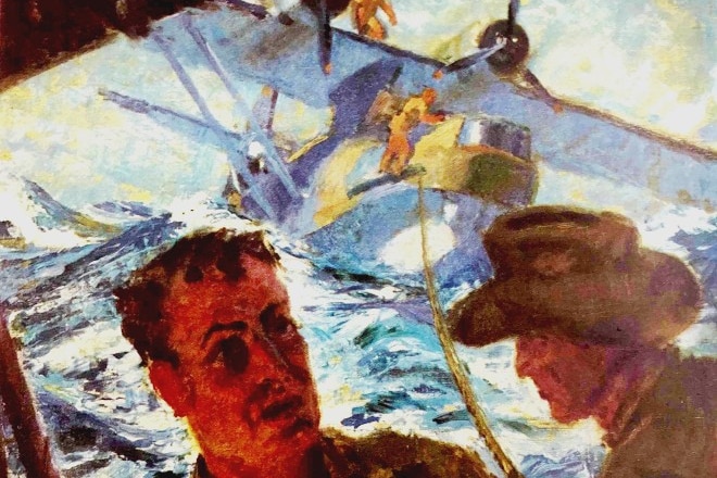 A painting of two men in the foreground, a plane crashed in the ocean in background with two people on wings and steering. 