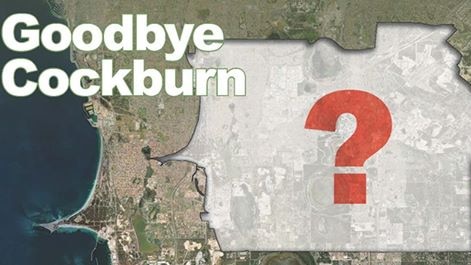 A question mark and goodbye Cockburn are superimposed on map of current city outline