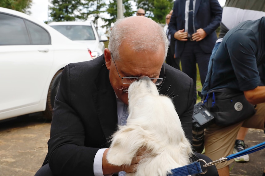 A man with his face close to a white dog