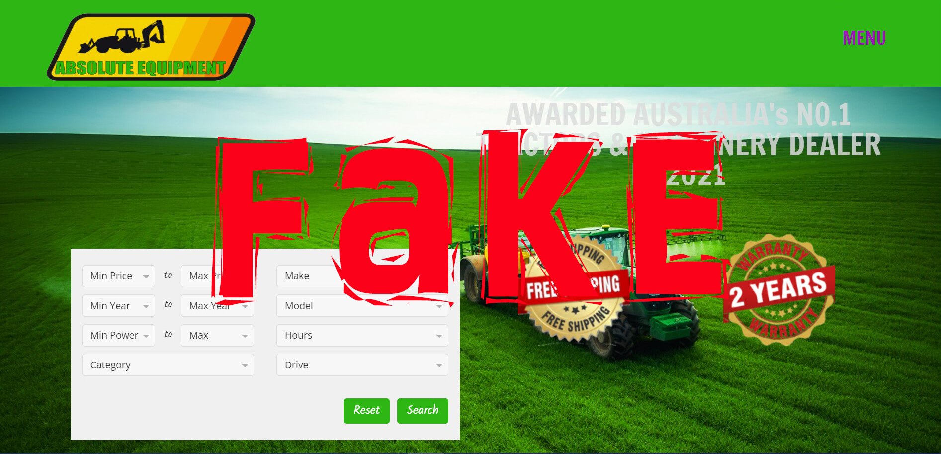 A screenshot from a fake tractor business with the word "fake" written across it in big red letters
