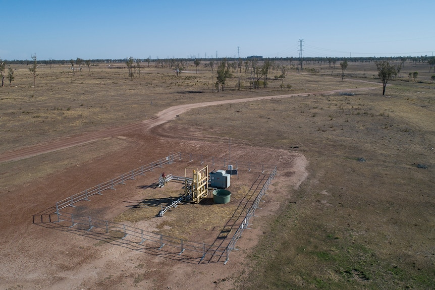 A gas well from the air on Max Winder's property west of Dalby, October 2019.