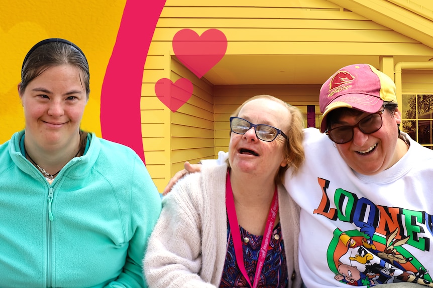 Three women smile with joy in front of a brand new house.