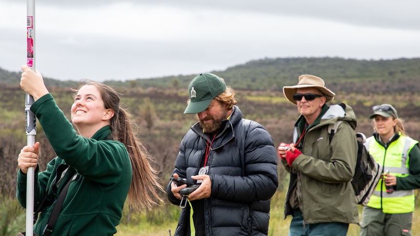 DELWP project officer Jordan Roberts, DELWP project manager Beau Fahnle, La Trobe University Professor Mike Clarke undertake radio tracking of the translocated eastern bristlebird population