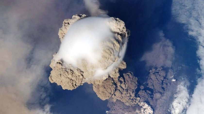 Smoke billows from the Sarychev Volcano on the Kuril Islands