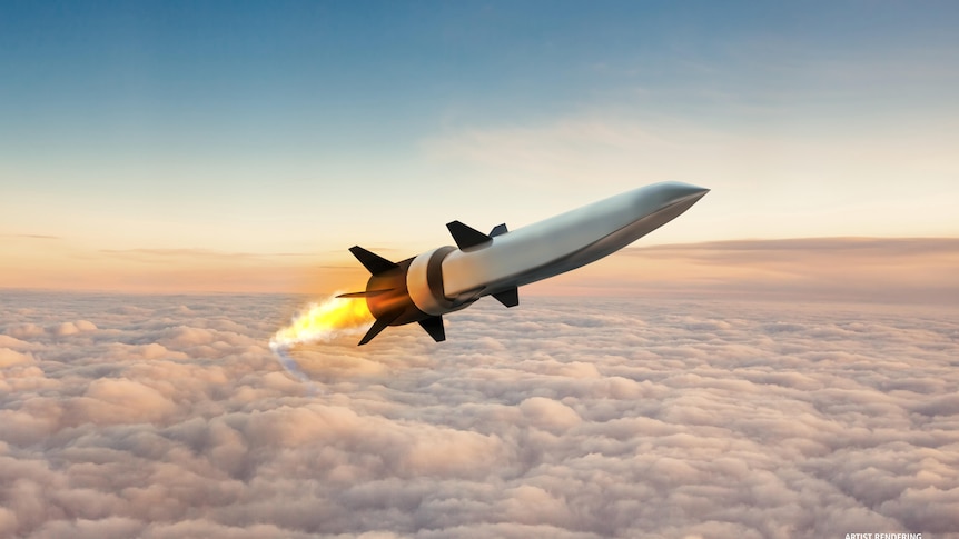 画家笔下飞行中的灰色高超音速导弹。