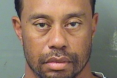 A mugshot of dishevelled tiger woods, with long facial hair.