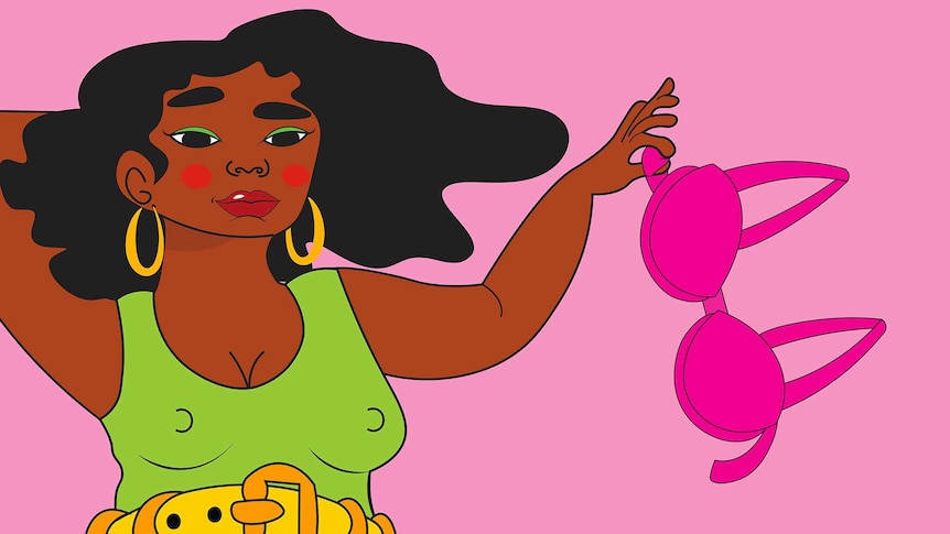 Illustration of woman holding her bra