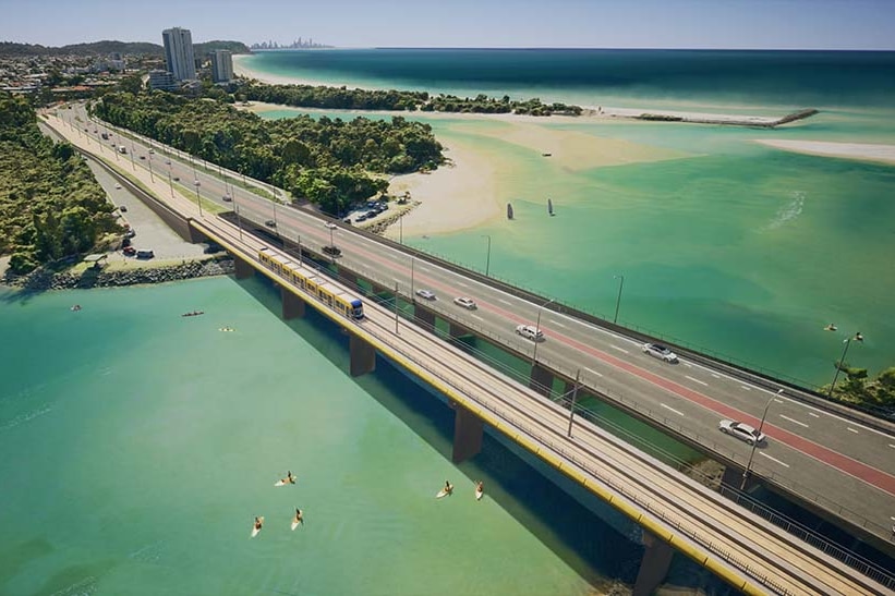 A computer generated image of what the light rail might look like over Currumbin Creek on the Gold Coast.  