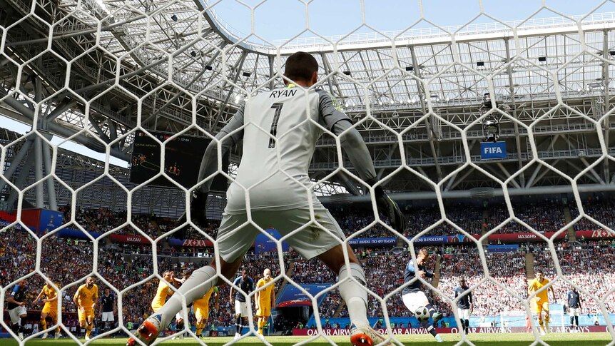Socceroos goalkeeper Mat Ryan faces France's Antoine Griezmann from 12 yards at the 2018 World Cup