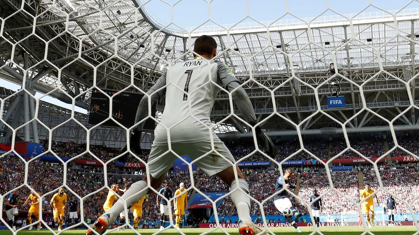 Socceroos goalkeeper Mat Ryan faces France's Antoine Griezmann from 12 yards at the 2018 World Cup
