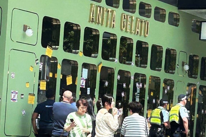 A store with a sign that reads "Anita Gelato", with stickers all over its outside wall.