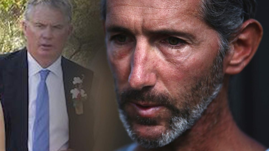 A montage of a close-up picture of a bearded man and an older man in a suit.